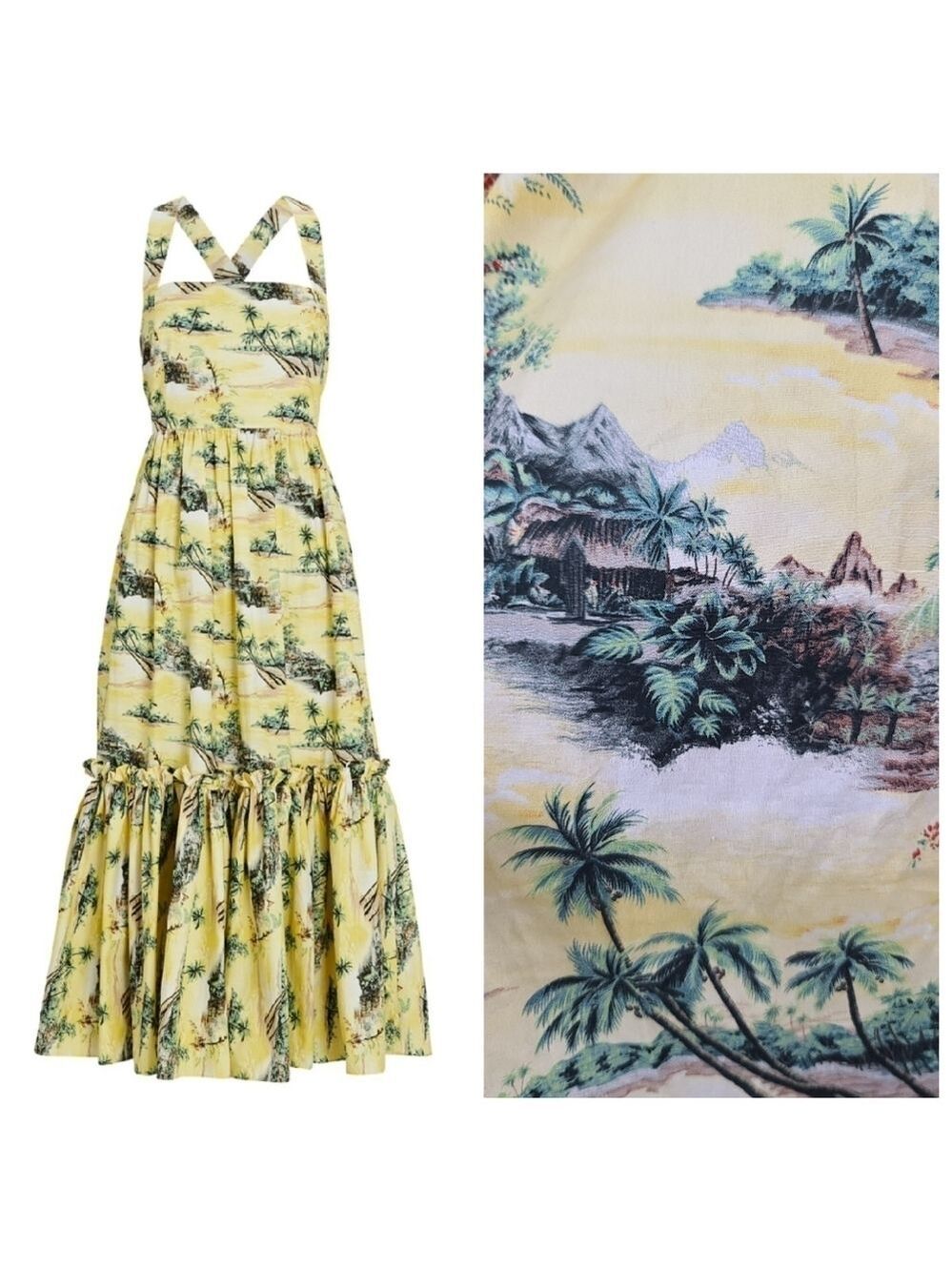 Cara Cara S Julia Hawaiian Yellow Floral Tropical Island Palm Tree Poplin Dress